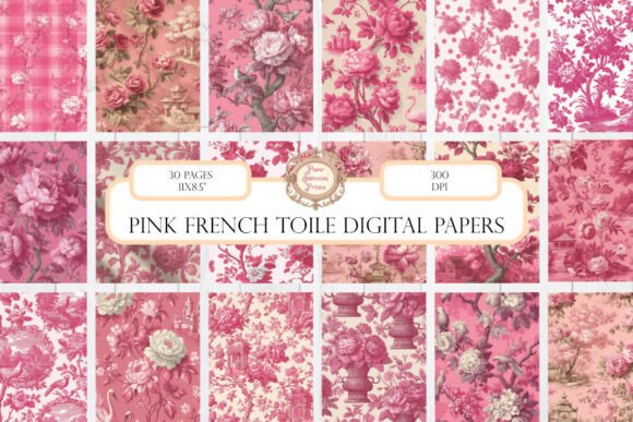 Download 30 Pages Pink French Toile Digital Paper - Premium Bundle