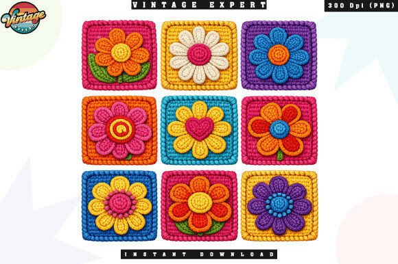 Download Retro Flowers Pattern Crochet Yarn PNG - Retro flowers Collection