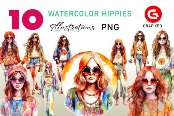Download Hippie Girls 60s Watercolor Illustration - 60s Collection